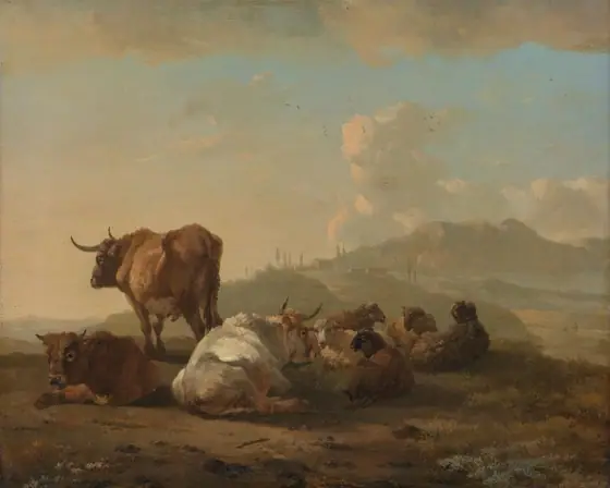 Resting herd, Willem Romeyn, 1650 - 1694, oil on panel