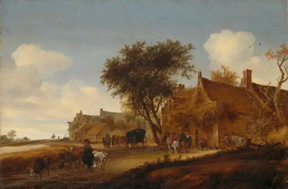 Landscape with Travellers before an Inn, Salomon van Ruysdael, 1655, oil on panel