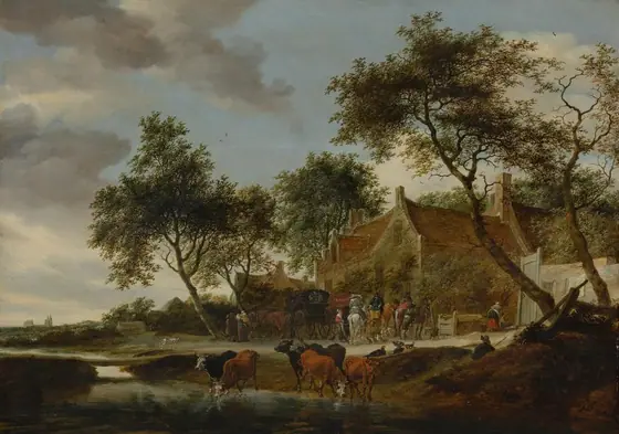 Landscape with Travellers before an Inn near a Watering Place, Salomon van Ruysdael, 1660, oil on panel