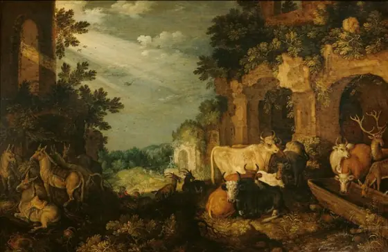 Landscape with ruins, cattle and deer, Roelandt Savery, c. 1614 - c. 1620, oil on panel