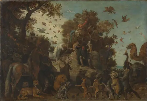 The poet crowned by two apes at the feast of the animals, Roelandt Savery, 1623, oil on canvas
