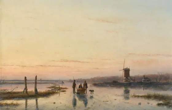 Windmill beside a frozen river, Andreas Schelfhout, 1860 - 1862, oil on panel