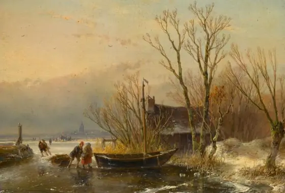 Winter Scene on the Ice with Wood Gatherers, Andreas Schelfhout, 1849, oil on panel