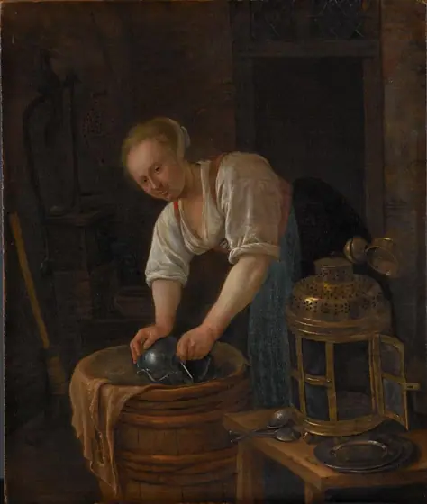 Woman scouring metalware, Jan Steen, 1650 - 1660, oil on panel