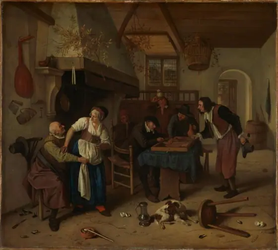 Interior of an inn with an old man amusing himself with the landlady and two men playing backgammon, known as 'Two kinds of games', Jan Steen, 1660 - 1679, oil on canvas