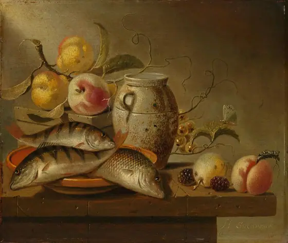 Still Life with Earthenware Jar, Fish and Fruit, Harmen Steenwijck, 1652, oil on panel