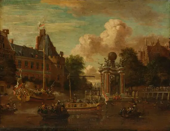 The Muscovite legation visiting Amsterdam, 29 August 1697, Abraham Storck, 1697 - 1708, oil on canvas on panel
