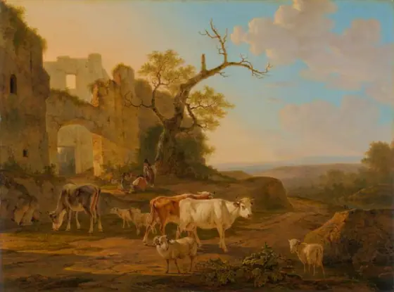 Landscape with Cows near a Ruin, Jacob van Strij, 1800 - 1815, oil on panel