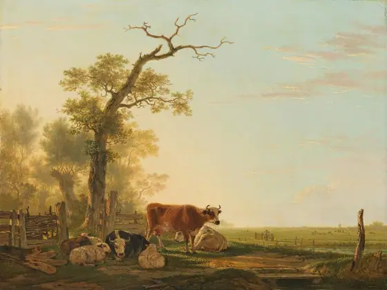 Meadow Landscape with Animals, Jacob van Strij, 1800 - 1815, oil on panel