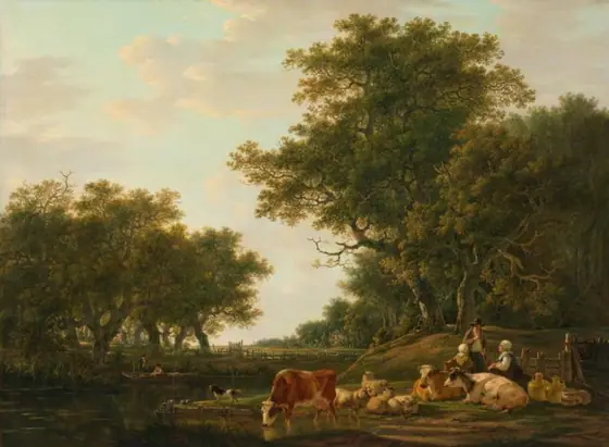 Landscape with Peasants with their Cattle and Anglers on the Water, Jacob van Strij, 1800 - 1810, oil on panel