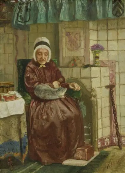 Old Woman by the Fireplace, August Allebé, c. 1850 - c. 1875, oil on panel