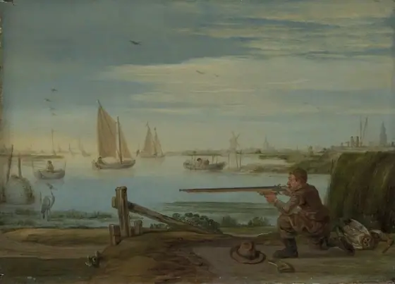A Bird Hunter on a Riverbank, Arent Arentsz, c. 1625 - c. 1630, oil on panel