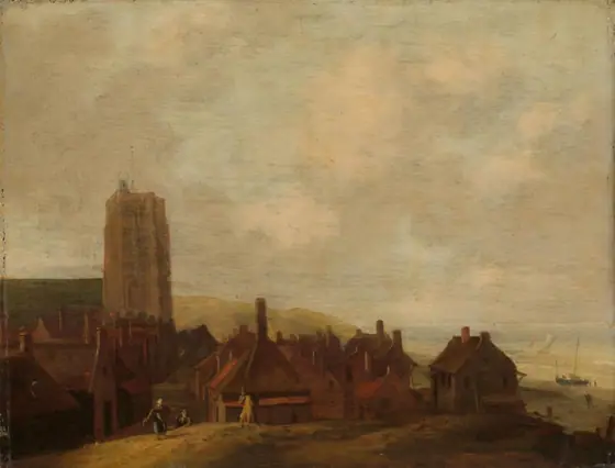 View of Egmond aan Zee, Ludolf Bakhuysen, 1660 - 1708, oil on panel