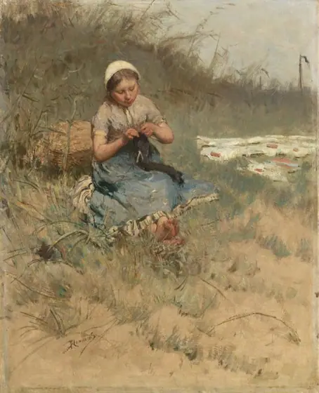 Girl Knitting, Bernardus Johannes Blommers, 1885 - 1886, oil on canvas