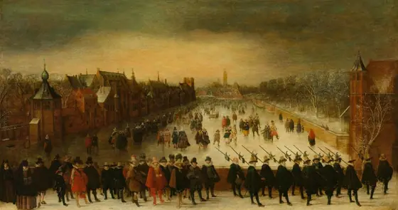 The Vijverberg, The Hague, in Winter, with Prince Maurits and his Retinue in the Foreground, Adam van Breen, 1618, oil on panel