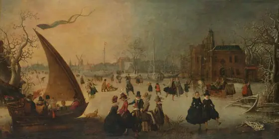 Landscape with Frozen Canal, Skaters and an Ice-Boat, Adam van Breen, 1611, oil on panel