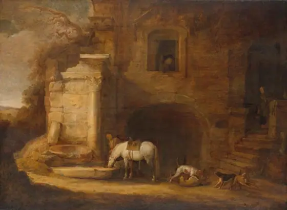View of a Dilapidated Building with a Fountain, Simon de Vlieger, 1637, oil on panel
