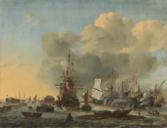 The Caulking of Ships at the Bothuisje on Het IJ in Amsterdam, Reinier Zeeman, 1660 - 1668, oil on canvas