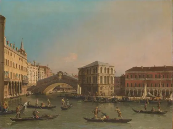 The Grand Canal with the Rialto Bridge and the Fondaco dei Tedeschi, Canaletto, 1707 - 1750, oil on canvas