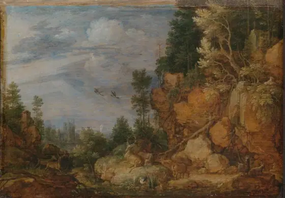 Rocky Landscape with Deer and Goats, Gillis Claesz de Hondecoeter, 1620, oil on panel