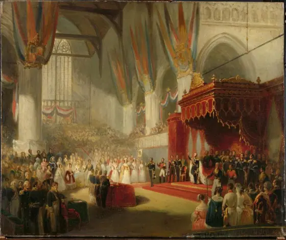 The Inauguration of King William II in the Nieuwe Kerk in Amsterdam on 28 November 1840, Nicolaas Pieneman, 1840 - 1845, oil on panel