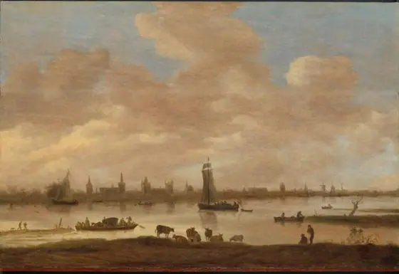 View of an Imaginary Town across a River, with the Tower of Saint Pol in Vianen, Jan van Goyen, 1649, oil on panel