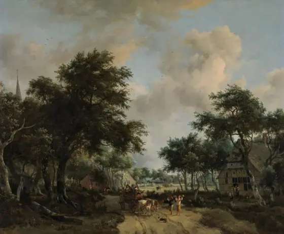 Wooded Landscape with Merrymakers in a Cart, Meindert Hobbema, c. 1665, oil on canvas