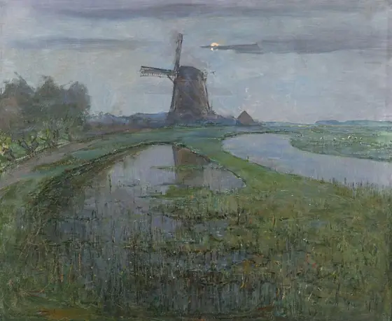 Oostzijdse Mill along the River Gein by Moonlight, Piet Mondrian, c. 1903, oil on canvas