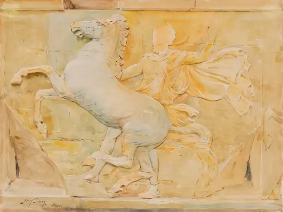 Central Metope of the Frieze of Phidias, Parthenon, Henry Bacon, ca. 1909-1912, watercolor
