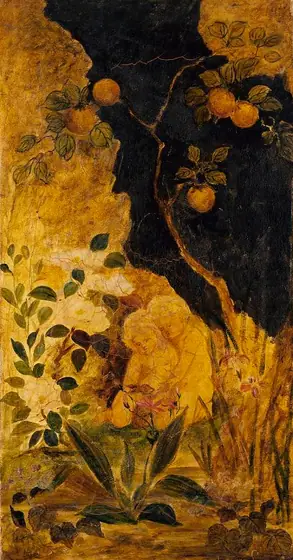 Panel for a Screen: Children Playing with a Rabbit, Albert Pinkham Ryder, ca. 1876, oil on gilded leather mounted on canvas