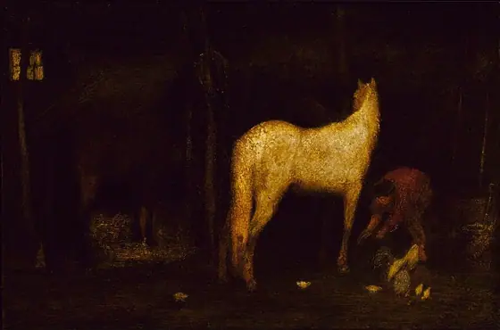 In the Stable, Albert Pinkham Ryder, before 1911, oil on canvas mounted on fiberboard