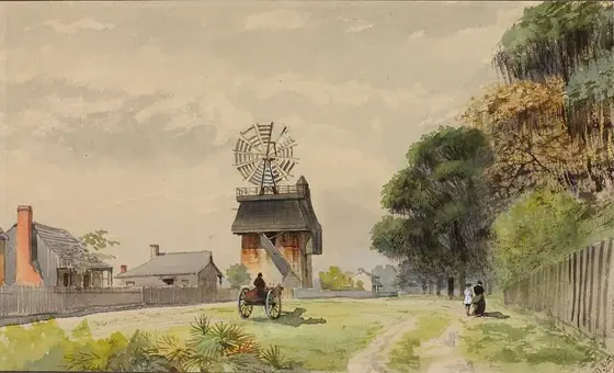 Florida Village, Walter Paris, watercolor and pencil on paper mounted on paperboard