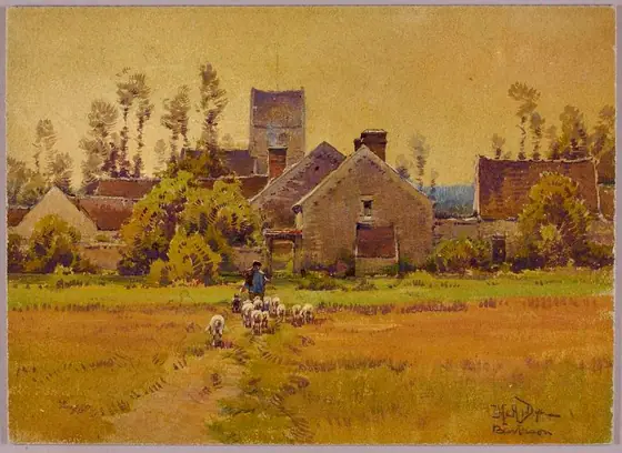 French Village, H. Anthony Dyer, watercolor on paperboard: illustration board