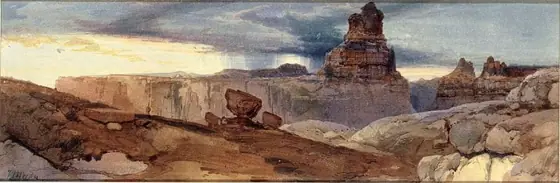 Shin-Au-Av-Tu-Weap (God Land), Cañon of the Colorado. Utah Ter., Thomas Moran, 1873-1874, watercolor and pencil on paper