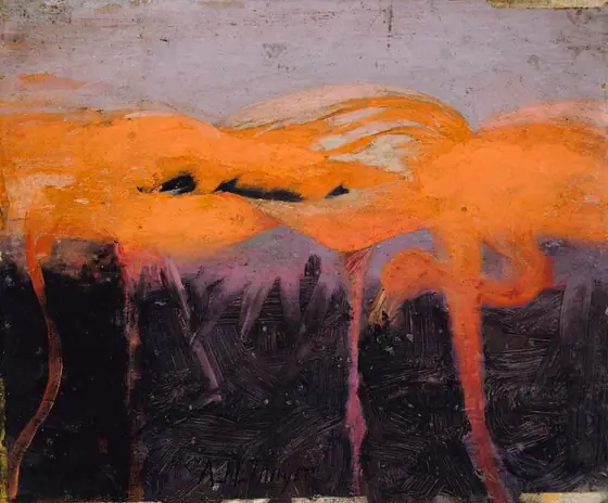 Red Flamingoes, study for book Concealing Coloration in the Animal Kingdom, Abbott Handerson Thayer, ca. 1905-1909, oil on wood