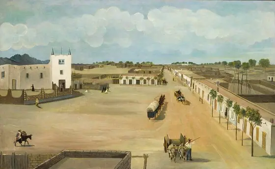 Old Mesilla Plaza, Leon Trousset, ca. 1885-1886, oil on canvas