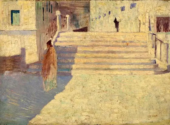 Femmes pres des Escaliers no. II, Frank Edwin Scott, oil on composition board