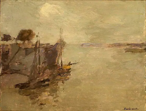 Honfleur Fishing Boats no. 2, Frank Edwin Scott, oil on wood