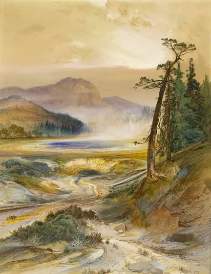 Excelsior Geyser, Yellowstone Park, Thomas Moran, 1873, watercolor and pencil on paper
