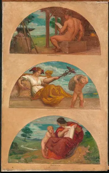 The Progress of Civilization: The Forge, Commerce, and Education (mural study, State Capitol, Des Moines, Iowa), Kenyon Cox, 1905-1906, oil on canvas