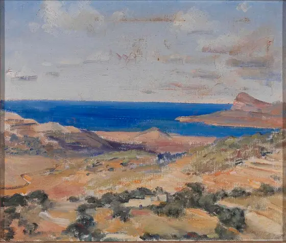 Shore with Blue Sea, Eleanor Harris, oil on canvas