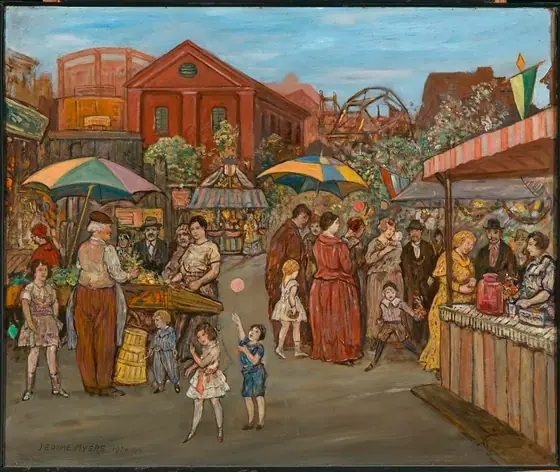 Italians in Jefferson Park, Jerome Myers, 1934, oil on fiberboard