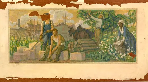 Abundance of Today (mural study, Clarksville, Tennessee Post Office), F. Luis Mora, ca. 1937-1938, tempera on fiberboard