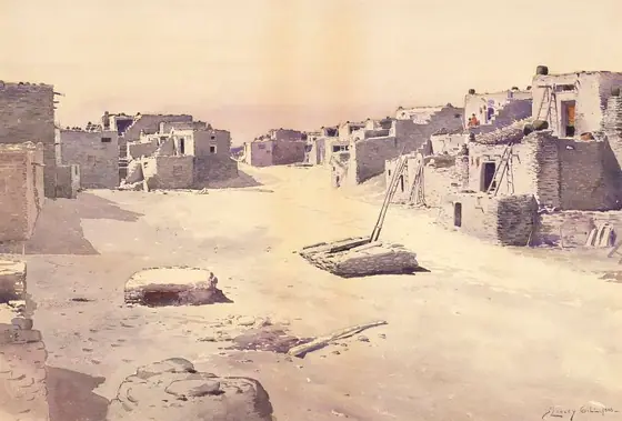 Street in the Pueblo of Oraibi, Tusayan, Arizona, De Lancey Gill, 1888, watercolor and pencil on paper