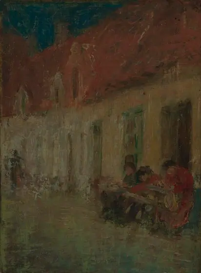 Lace Makers, Bruges, Harriet Blackstone, 1912, oil on paperboard