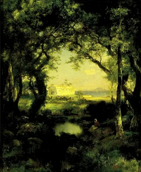A Mexican Hacienda, Lake Cuitzeo, Thomas Moran, 1885, oil on wood