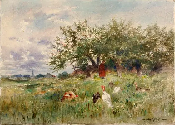Watching the Turkeys, Horatio Walker, watercolor