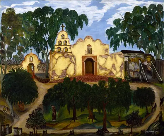 San Diego Mission, Josephine Joy, ca. 1935-1939, oil on fiberboard