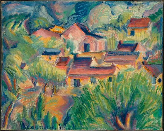 Houses and Landscape, Preston Dickinson, ca. 1918, oil on canvas