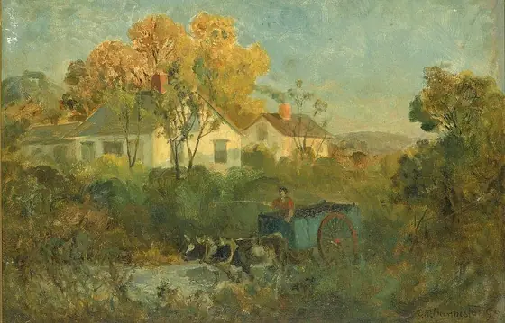 The Drinking Pool (man in cart with oxen at pool), Edward Mitchell Bannister, 1895, oil on canvas